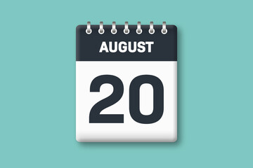 August 20 - Calender Date  20th of August on Cyan / Bluegreen Background