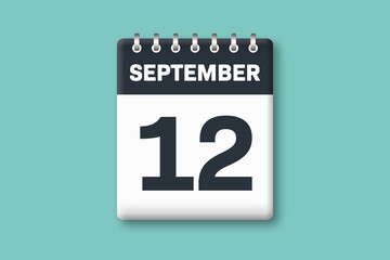 September 12 - Calender Date  12th of September on Cyan / Bluegreen Background