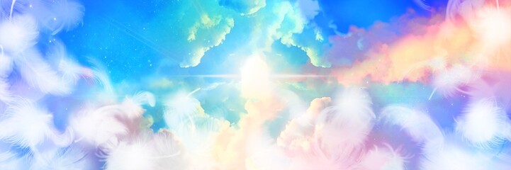 美しく輝く神秘的な光とカラフルな宇宙に漂う虹色の星雲と雲海とふわふわと舞う白い天使の羽の背景イラスト
