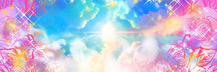 Fototapeta na wymiar ピンクの薔薇のペン画フレームと宇宙に漂う美しい虹色の雲海とふわふわと舞う白い天使の羽の背景イラスト
