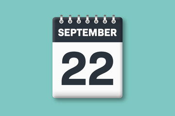 September 22 - Calender Date  22nd of September on Cyan / Bluegreen Background