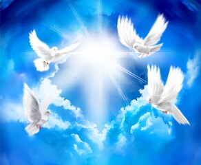 Lucky background illustration of a white dove, a symbol of peace, flying around a  deep cloud.