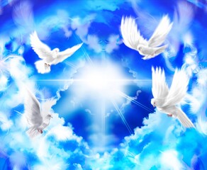 Lucky background illustration of a white dove, a symbol of peace, flying around a cloud in the shape of a heart symbol.