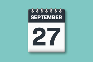 September 27 - Calender Date  27th of September on Cyan / Bluegreen Background