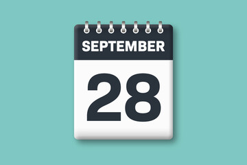 September 28 - Calender Date  28th of September on Cyan / Bluegreen Background