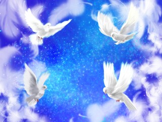 Fantasy illustration of four white doves, symbols of peace, flying around amicably in a universe of beautiful stars and a sea of clouds.