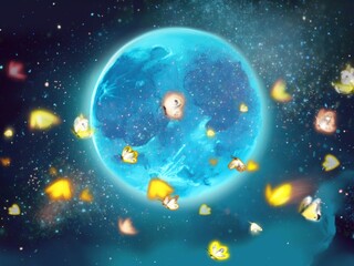 青く神秘的に輝く十五夜の満月と星が輝く夜空とふわふわ舞う黄色い蝶々のファンタジー背景イラスト