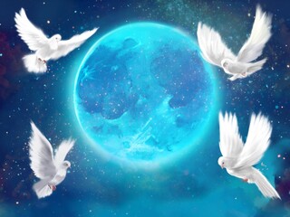青く輝く神秘的な満月の周りを仲良く飛び回る平和の象徴白い鳩達のファンタジー背景イラスト