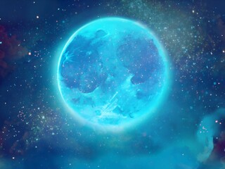 青く神秘的に輝く十五夜の美しい満月と星が輝く夜空のファンタジー背景イラスト