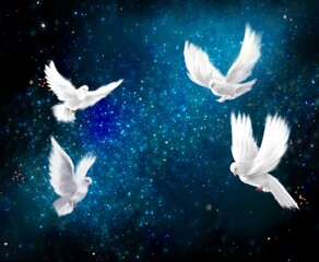 Fantasy illustration of four white doves, symbols of peace, flying around amicably in a universe of beautiful stars and a sea of clouds.