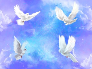 星が輝く宇宙を仲良く飛び回る平和の象徴白い鳩達の
神秘的な風景画イラスト