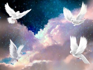 Fantasy illustration of four white doves, symbols of peace, flying around amicably in a universe of beautiful stars and a sea of clouds.