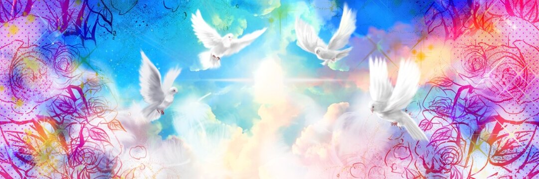 美しい星々と白い羽が漂う宇宙とペン画の花園で仲良く飛び回る平和の象徴の4羽の白い鳩のファンタジー背景イラスト