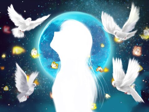 美しい星々と青い満月が輝く夜空を見上げて祈りを捧げる若い女性のシルエットとその周りを飛ぶ白い鳩達の神秘的なイラスト