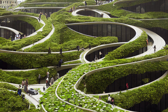 Splendid environmental awareness city with vertical forest concept of metropolis covered with green plants. Civil architecture and natural biological life combination. Digital art generative AI.