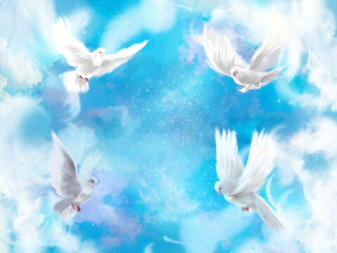 星が輝く宇宙を仲良く飛び回る平和の象徴白い鳩達の
神秘的な風景画イラスト