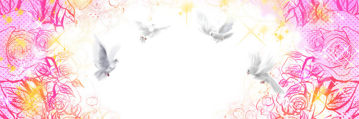 Fototapeta na wymiar ラッキー、平和の象徴の白い鳩がバラの花園から飛び立つ開運風ワイドサイズ透過背景イラスト