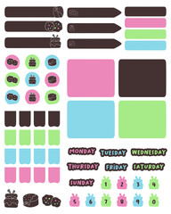 Set of planner stickers. Printable Planner Stickers. Planners and weekly days label. Bullet journal stickers, planner, scrapbook stickers design.