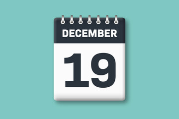 December 19 - Calender Date  19th of December on Cyan / Bluegreen Background