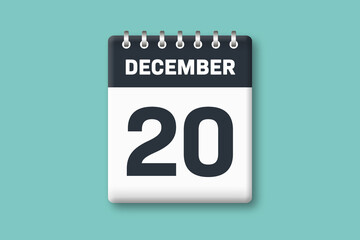 December 20 - Calender Date  20th of December on Cyan / Bluegreen Background