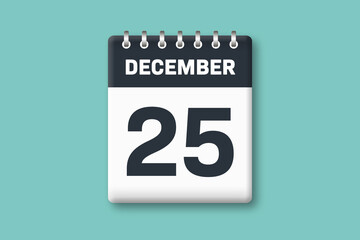 December 25 - Calender Date  25th of December on Cyan / Bluegreen Background