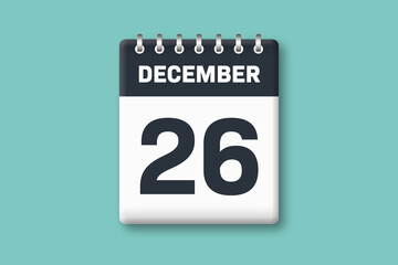 December 26 - Calender Date  26th of December on Cyan / Bluegreen Background