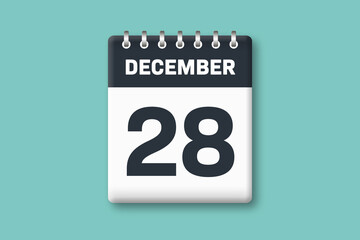December 28 - Calender Date  28th of December on Cyan / Bluegreen Background