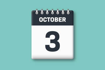 October 3 - Calender Date  3rd of October on Cyan / Bluegreen Background
