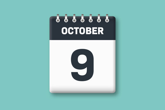 October 9 - Calender Date  9th of October on Cyan / Bluegreen Background