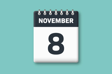 November 8 - Calender Date  8th of November on Cyan / Bluegreen Background