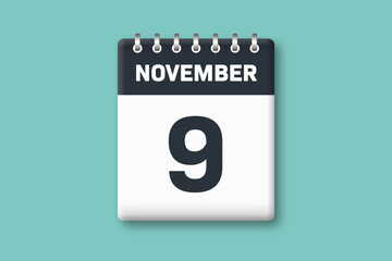 November 9 - Calender Date  9th of November on Cyan / Bluegreen Background