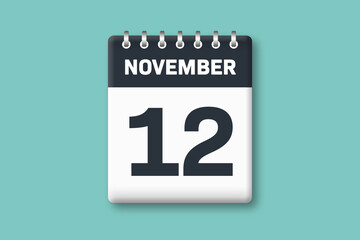 November 12 - Calender Date  12th of November on Cyan / Bluegreen Background