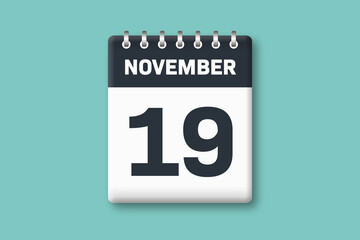 November 19 - Calender Date  19th of November on Cyan / Bluegreen Background