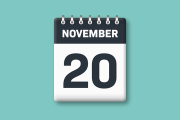 November 20 - Calender Date  20th of November on Cyan / Bluegreen Background