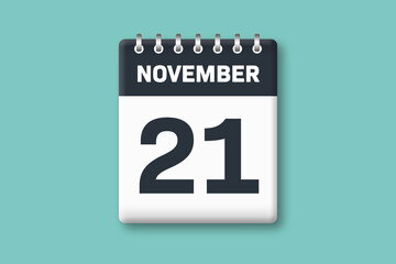 November 21 - Calender Date  21st of November on Cyan / Bluegreen Background