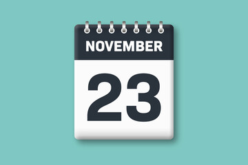 November 23 - Calender Date  23rd of November on Cyan / Bluegreen Background