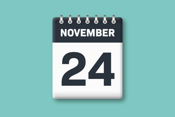 November 24 - Calender Date  24th of November on Cyan / Bluegreen Background