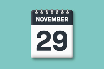 November 29 - Calender Date  29th of November on Cyan / Bluegreen Background