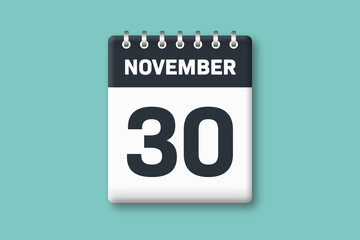November 30 - Calender Date  30th of November on Cyan / Bluegreen Background