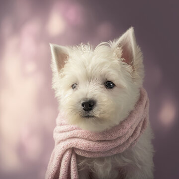 Adorable cute little West Highland White Terrier known as a westie dog.  This cute little pet puppy is wrapped up in a baby soft pink scarf.  Image was created with ai digital art.