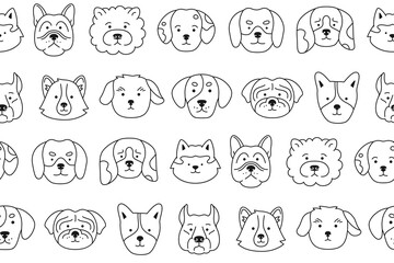 Dog faces doodle seamless pattern. Smiling funny childish doggy pet, baby comic flat endless ornament. Cute puppy kawaii cartoon head muzzle repeat wrapper. Wallpaper template for kid design