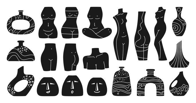 Vase female shape engraving modern set. Woman body form sculpture press stamp doodle vases. Boho elegant pitcher, simple printing ceramic jug. Figures woman bodies, bust vessel hand drawn vector