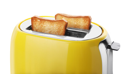 Yellow toaster with roasted bread slices on white background