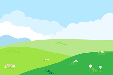 Vector of spring in natural,Blue sky landscape,Meadow on hills with flowers green plant illustration