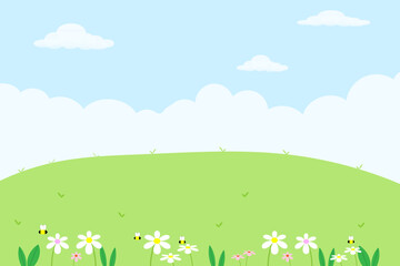 Vector of spring in natural,Blue sky landscape,Meadow on hills with flowers green plant illustration