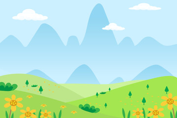 Fototapeta na wymiar Cartoon vector illustration meadow and mountain sunset,Blue sky with clouds with hills and paddy field in nature landscape