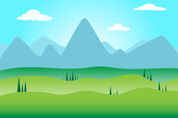 Cartoon vector illustration meadow and mountain sunset,Blue sky with clouds with hills and paddy field in nature landscape