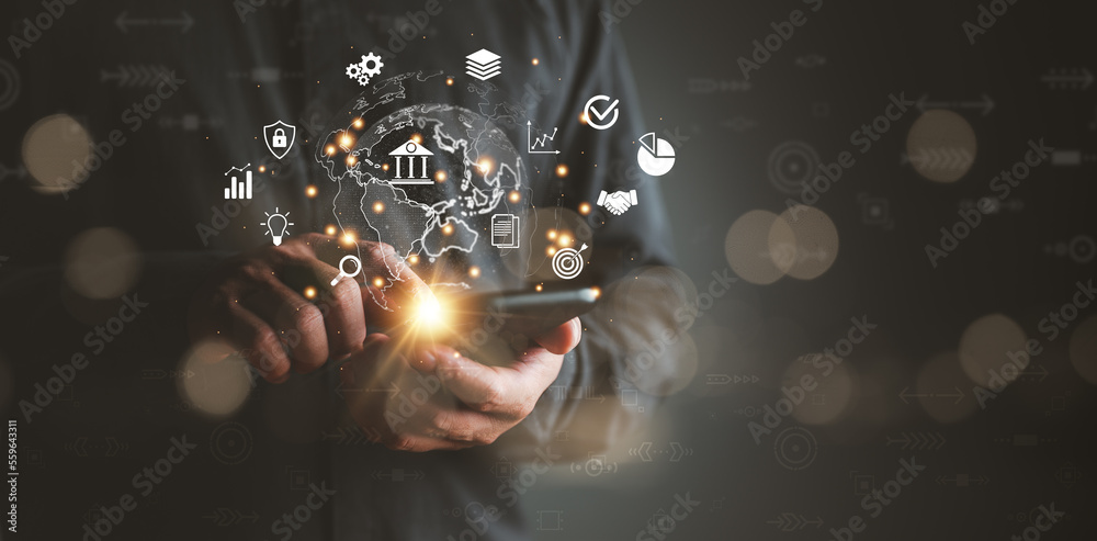 Poster business global internet connection application technology and digital marketing, financial and bank