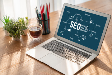 SEO search engine optimization for modish e-commerce and online retail business showing on computer...
