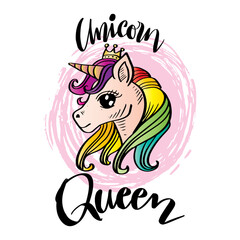 Unicorn queen, hand lettering. Poster for shirt design.